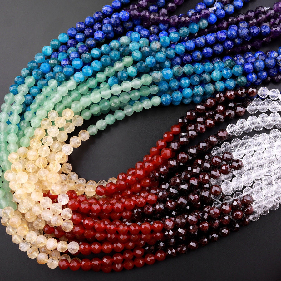Faceted Natural Chakra 4mm 6mm 8mm Beads Gemstone Amethyst Lapis Apatite Aventurine Citrine Red Carnelian Garnet Rock Quartz 15.5" Strand