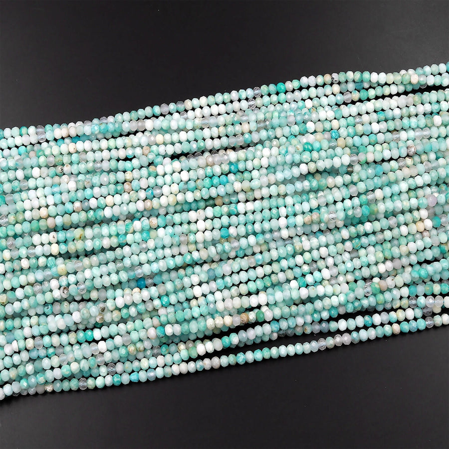 Peruvian Amazonite Faceted 3mm 4mm Rondelle Beads Micro Diamond Cut Natural Sea Blue Green Gemstone 15.5" Strand