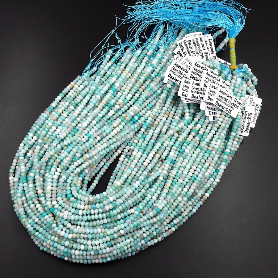 Peruvian Amazonite Faceted 3mm 4mm Rondelle Beads Micro Diamond Cut Natural Sea Blue Green Gemstone 15.5" Strand
