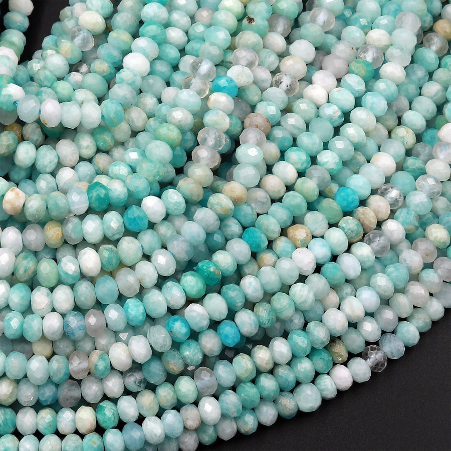 Peruvian Amazonite Faceted 3mm 4mm Rondelle Beads Micro Diamond Cut Natural Sea Blue Green Gemstone 15.5" Strand