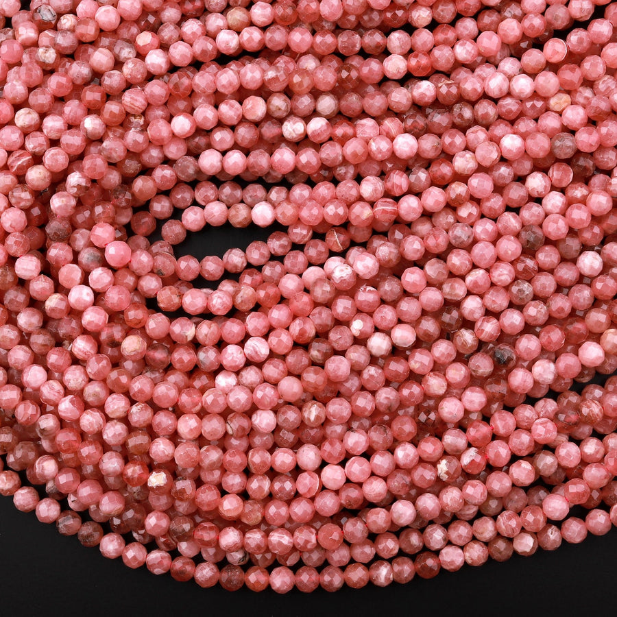 AA Natural Rhodochrosite 3mm 4mm 5mm Faceted Round Beads Micro Laser Diamond Cut Genuine Red Pink Gemstone 15.5" Strand