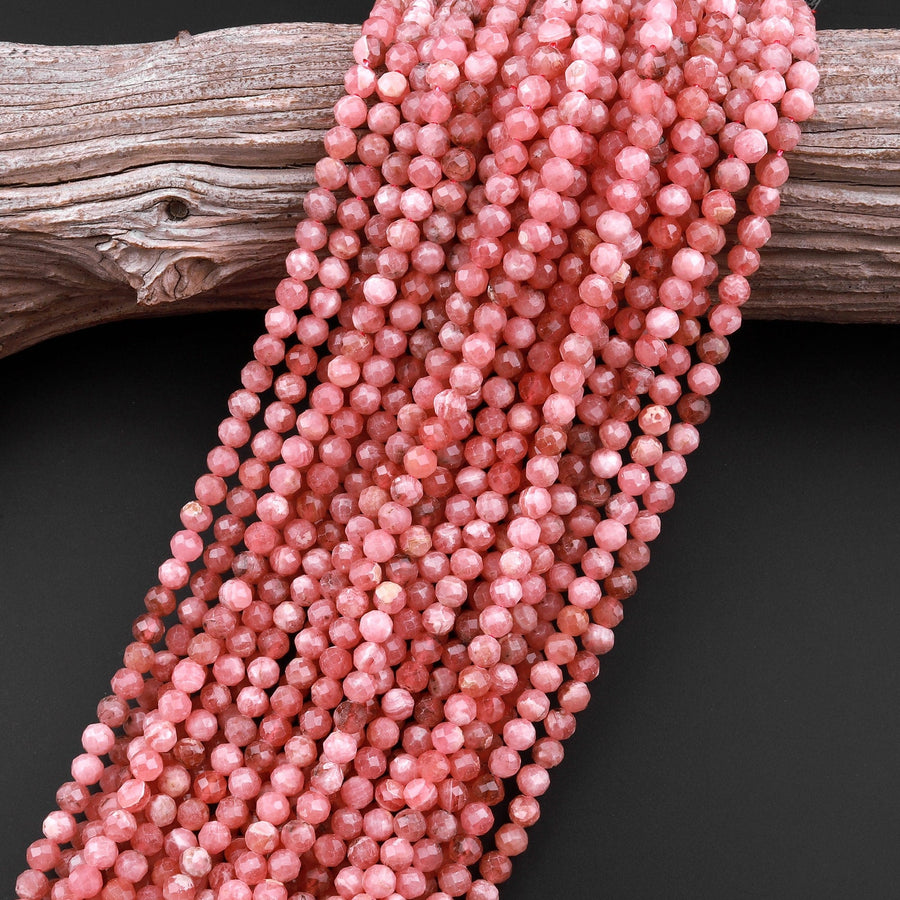 AA Natural Rhodochrosite 3mm 4mm 5mm Faceted Round Beads Micro Laser Diamond Cut Genuine Red Pink Gemstone 15.5" Strand