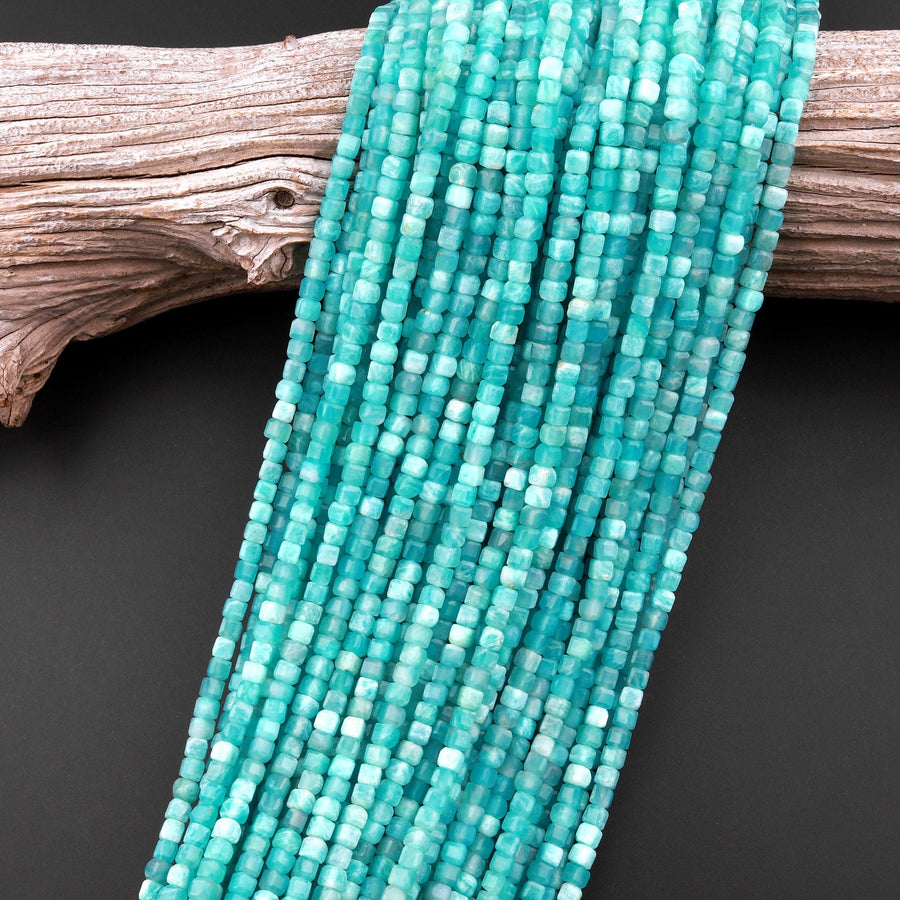 AAA Natural Peruvian Blue Amazonite Faceted 2mm 3mm Cube Square Beads Translucent Gemstone 15.5" Strand