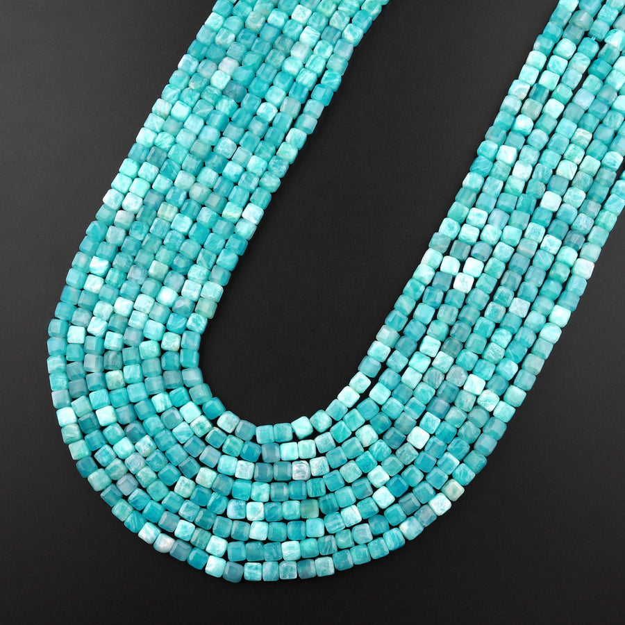 AAA Natural Peruvian Blue Amazonite Faceted 2mm 3mm Cube Square Beads Translucent Gemstone 15.5" Strand