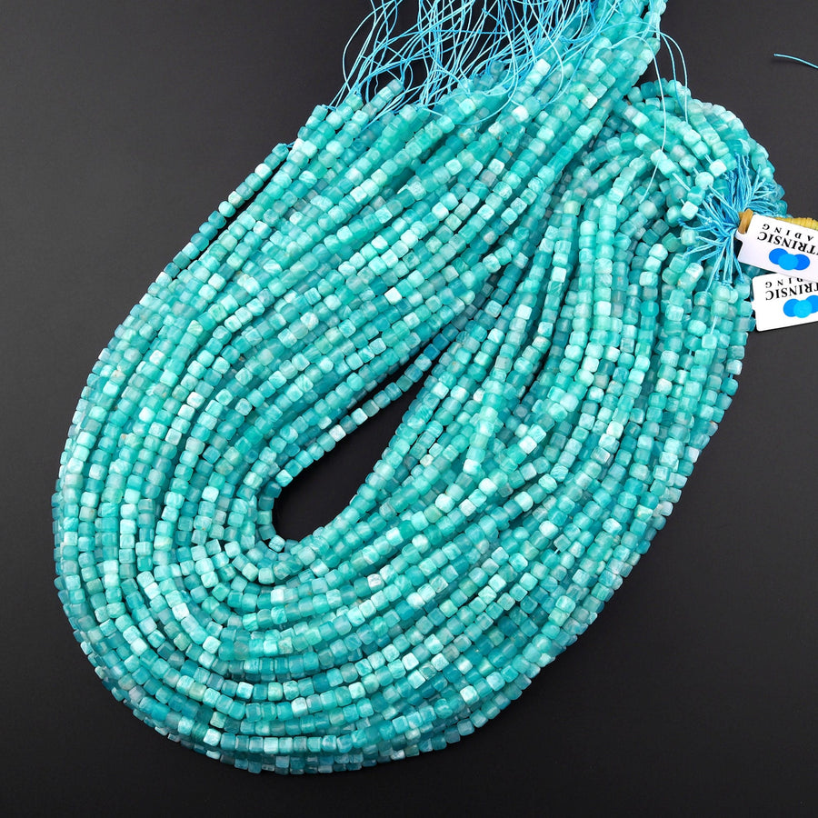 AAA Natural Peruvian Blue Amazonite Faceted 2mm 3mm Cube Square Beads Translucent Gemstone 15.5" Strand
