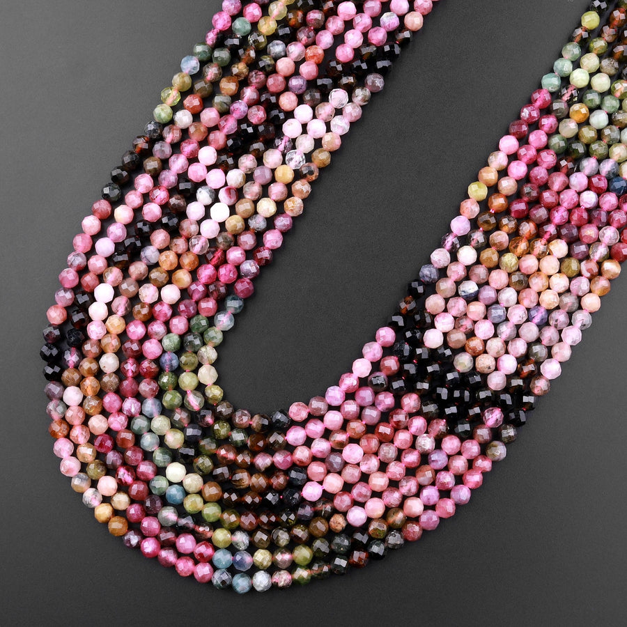 Micro Faceted Natural Multicolor Tourmaline Round Beads 3mm 4mm Pink Green Blue Cognac Gradient Shades 15.5" Strand