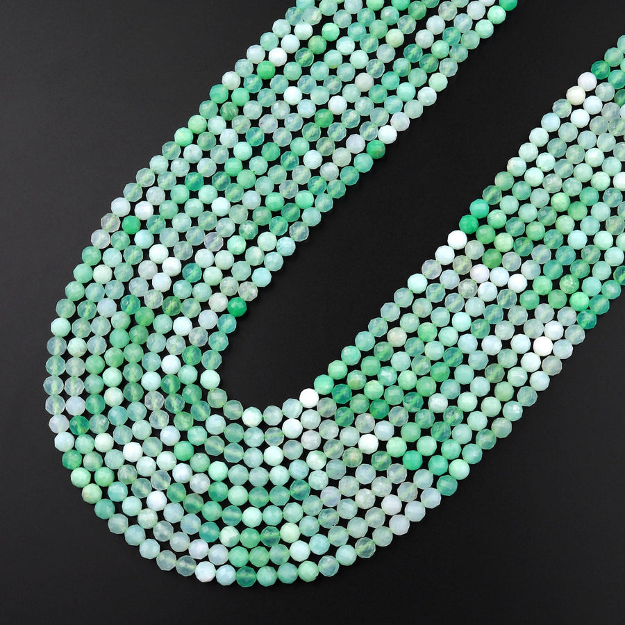 Micro Faceted Natural Australian Green Chrysoprase Faceted Round 2mm 4mm 5mm Beads Diamond Cut Gemstone Beads 15.5" Strand