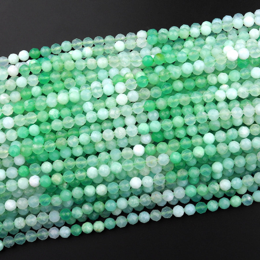 Micro Faceted Natural Australian Green Chrysoprase Faceted Round 2mm 4mm 5mm Beads Diamond Cut Gemstone Beads 15.5" Strand