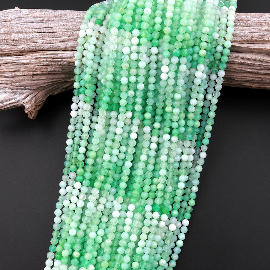 Micro Faceted Natural Australian Green Chrysoprase Faceted Round 2mm 4mm 5mm Beads Diamond Cut Gemstone Beads 15.5" Strand
