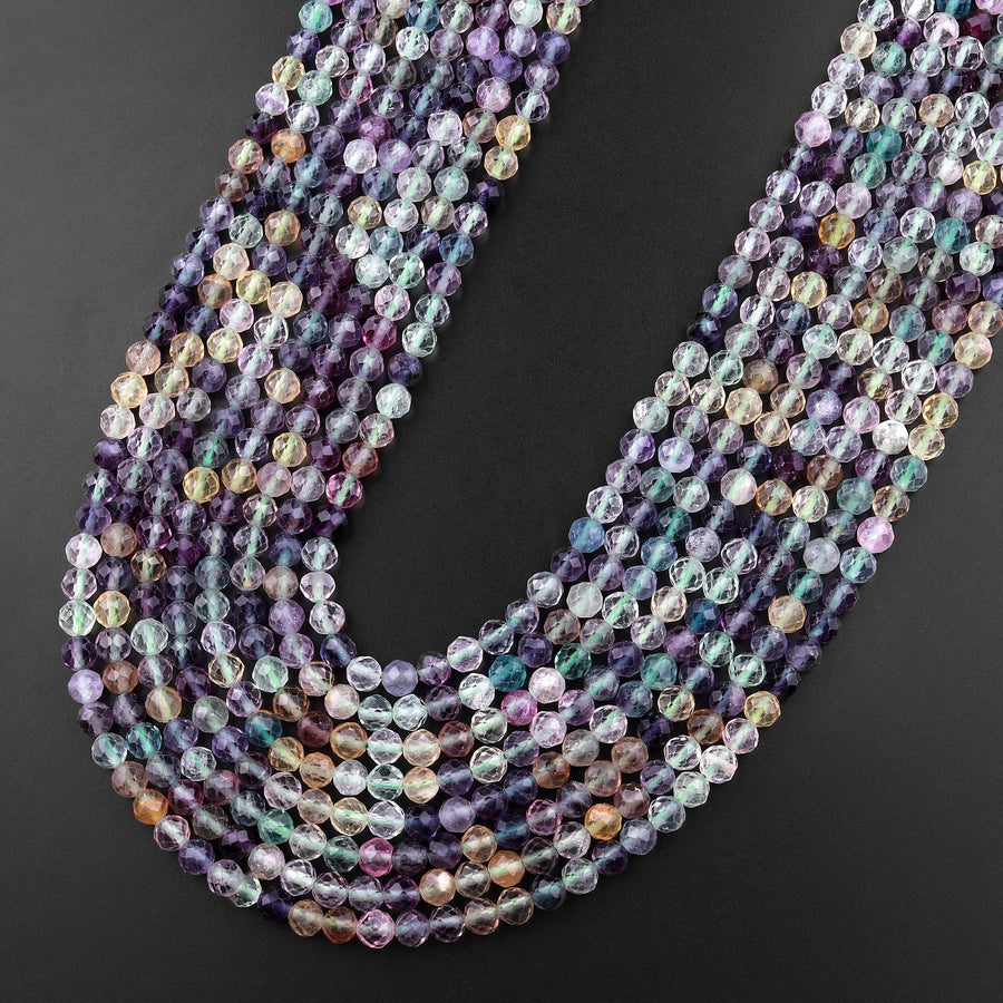 AAA Sparkling Natural Rainbow Fluorite Faceted 3mm 4mm 5mm Round Beads Purple Green Gemstone 15.5" Strand