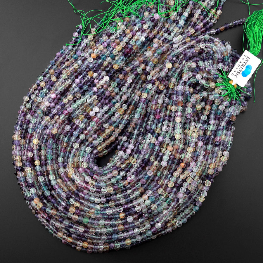 AAA Sparkling Natural Rainbow Fluorite Faceted 3mm 4mm 5mm Round Beads Purple Green Gemstone 15.5" Strand