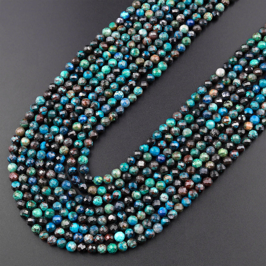 Natural Chrysocolla Azurite 3mm 4mm Faceted Round Beads Laser Diamond Cut Blue Gemstone 15.5" Strand
