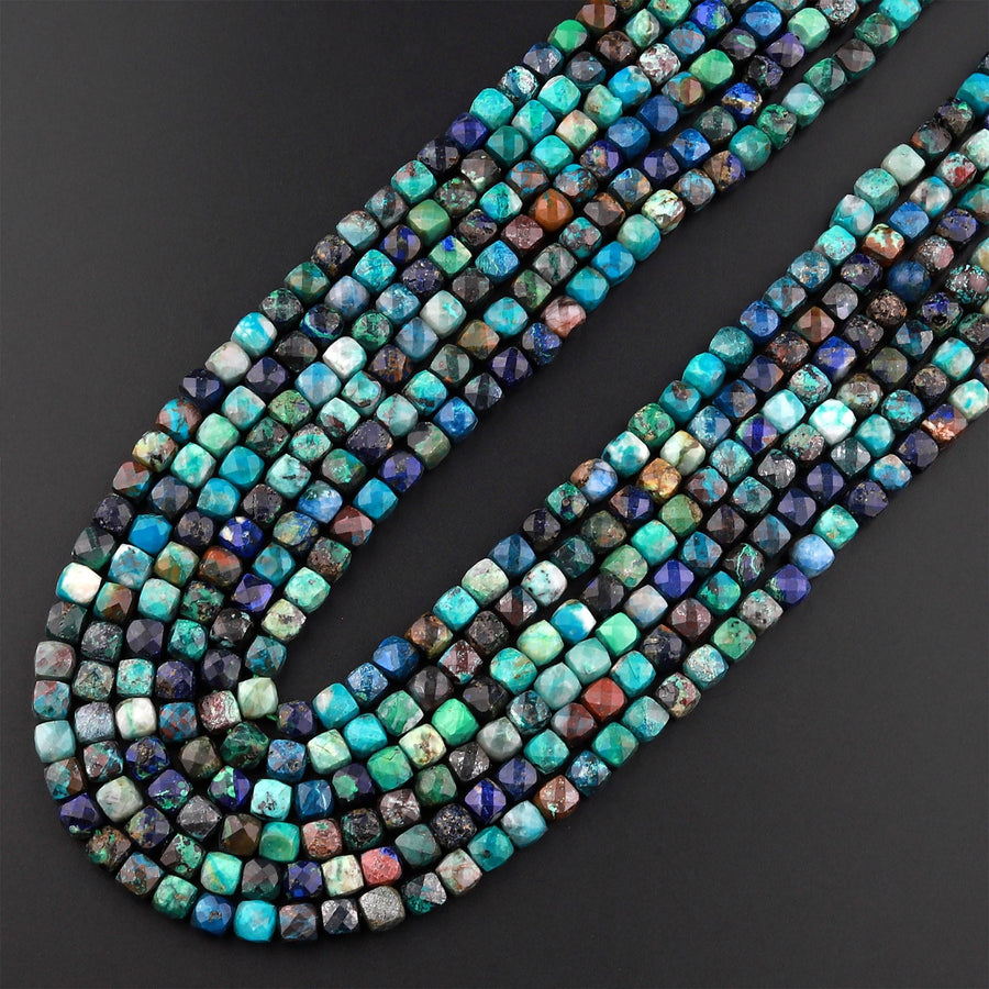 Natural Chrysocolla Azurite Faceted 4mm 5mm Cube Dice Square Beads Micro Faceted Laser Diamond Cut 15.5" Strand