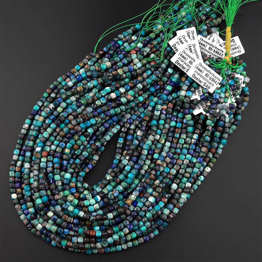 Natural Chrysocolla Azurite Faceted 4mm 5mm Cube Dice Square Beads Micro Faceted Laser Diamond Cut 15.5" Strand