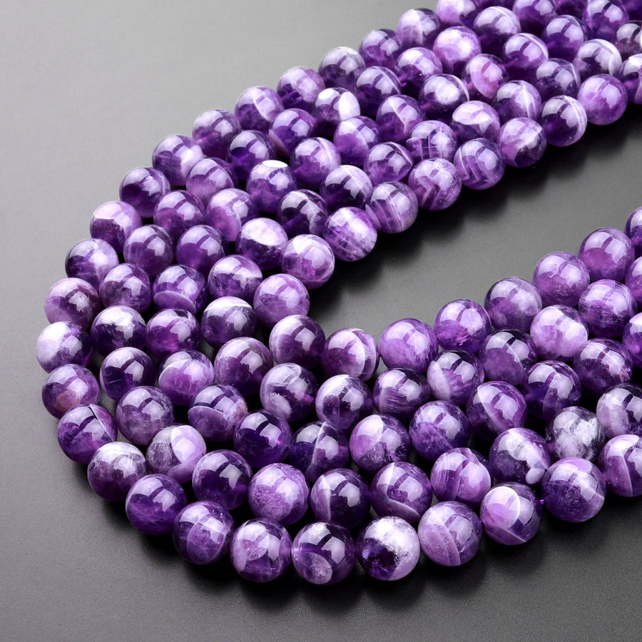 Natural Cape Amethyst Beads 4mm 6mm 8mm 10mm 12mm Round Beads White Stripes 15.5" Strand
