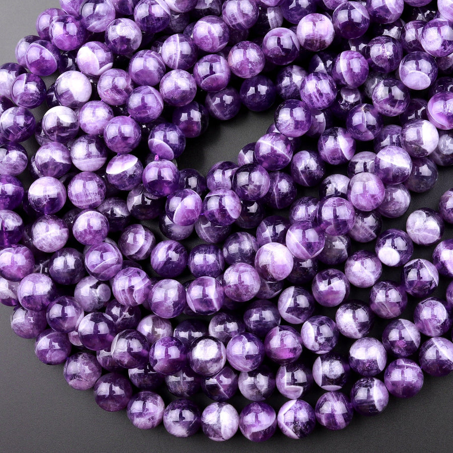 Natural Cape Amethyst Beads 4mm 6mm 8mm 10mm 12mm Round Beads White Stripes 15.5" Strand