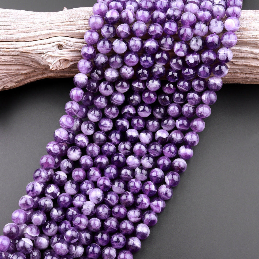 Natural Cape Amethyst Beads 4mm 6mm 8mm 10mm 12mm Round Beads White Stripes 15.5" Strand