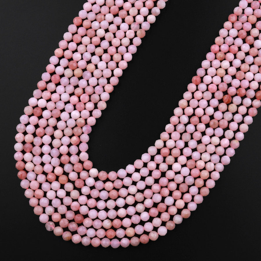 AAA Quality Micro Faceted Natural Peruvian Pink Opal 2mm 3mm 4mm 5mm 6mm 8mm Faceted Round Laser Diamond Cut Pink Gemstone 15.5" Strand