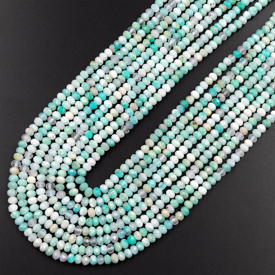 Peruvian Amazonite Faceted 3mm 4mm Rondelle Beads Micro Diamond Cut Natural Sea Blue Green Gemstone 15.5" Strand