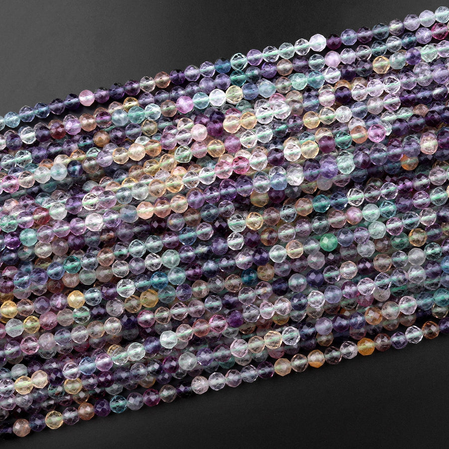 AAA Sparkling Natural Rainbow Fluorite Faceted 3mm 4mm 5mm Round Beads Purple Green Gemstone 15.5" Strand