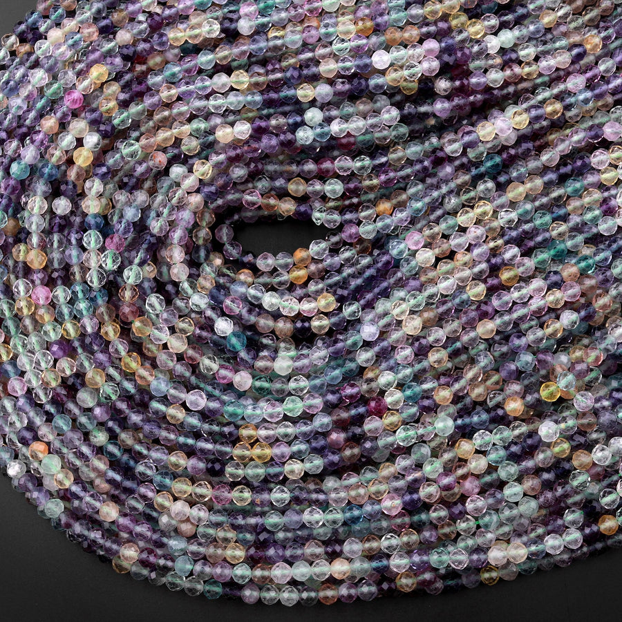 AAA Sparkling Natural Rainbow Fluorite Faceted 3mm 4mm 5mm Round Beads Purple Green Gemstone 15.5" Strand