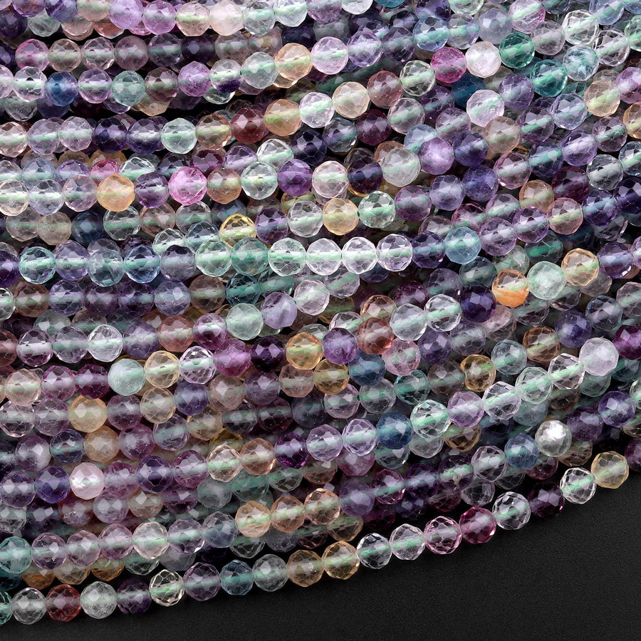 AAA Sparkling Natural Rainbow Fluorite Faceted 3mm 4mm 5mm Round Beads Purple Green Gemstone 15.5" Strand