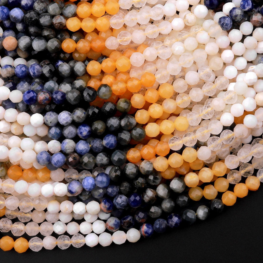 Micro Faceted Multicolor Mixed Gemstone Round Beads 4mm Gradient Yellow Creamy White Blue Shades 15.5" Strand