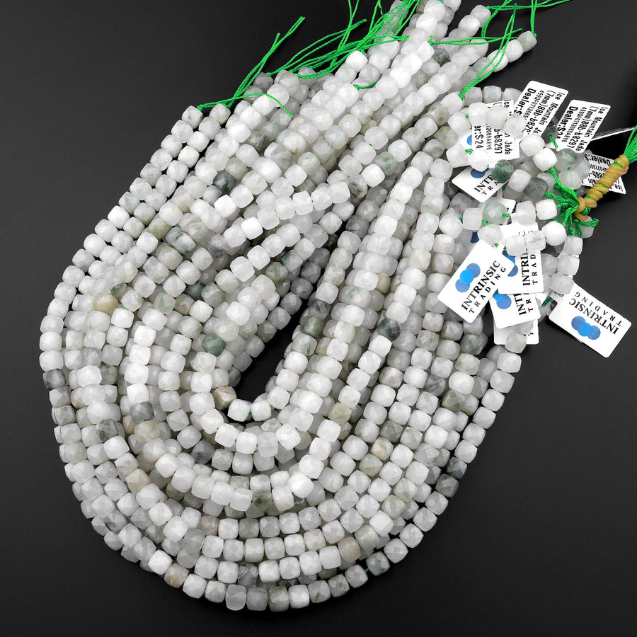 Faceted Natural Ice Mountain Jade 7mm 8mm Cube Beads 15.5" Strand