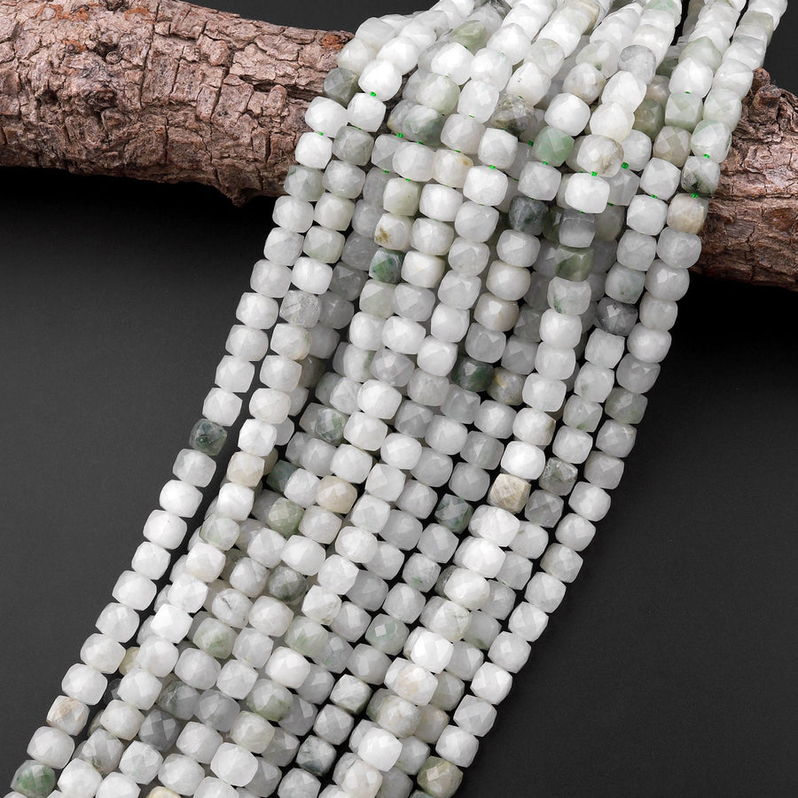 Faceted Natural Ice Mountain Jade 7mm 8mm Cube Beads 15.5" Strand