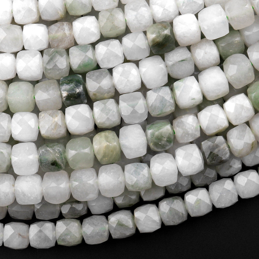 Faceted Natural Ice Mountain Jade 7mm 8mm Cube Beads 15.5" Strand