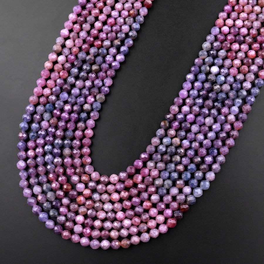 Genuine Natural Blue Pink Ruby Gemstone Micro Faceted 3mm 4mm 5mm Round Beads 15.5" Strand