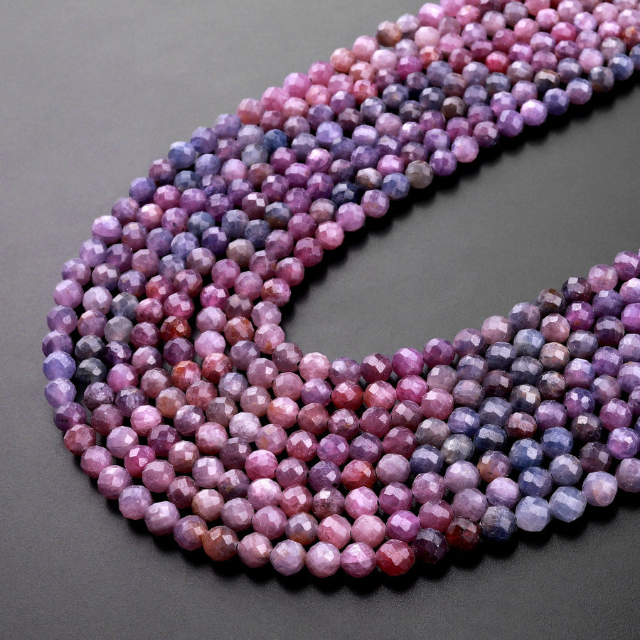 Genuine Natural Blue Pink Ruby Gemstone Micro Faceted 3mm 4mm 5mm Round Beads 15.5" Strand