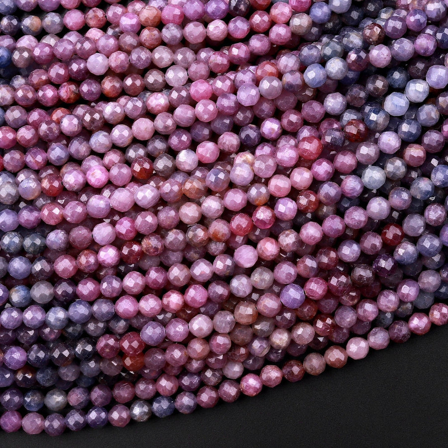 Genuine Natural Blue Pink Ruby Gemstone Micro Faceted 3mm 4mm 5mm Round Beads 15.5" Strand