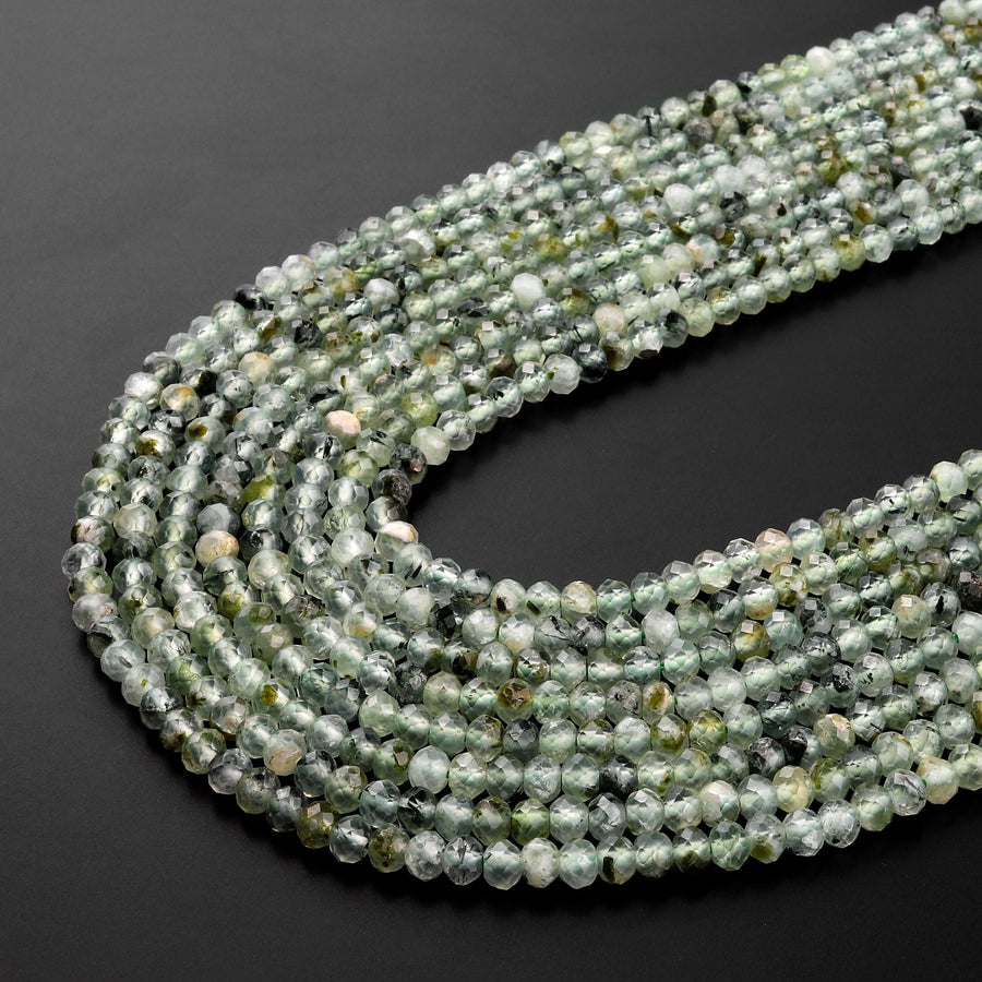 Micro Faceted Natural Green Prehnite Rondelle Beads 3mm 4mm 6mm 15.5" Strand