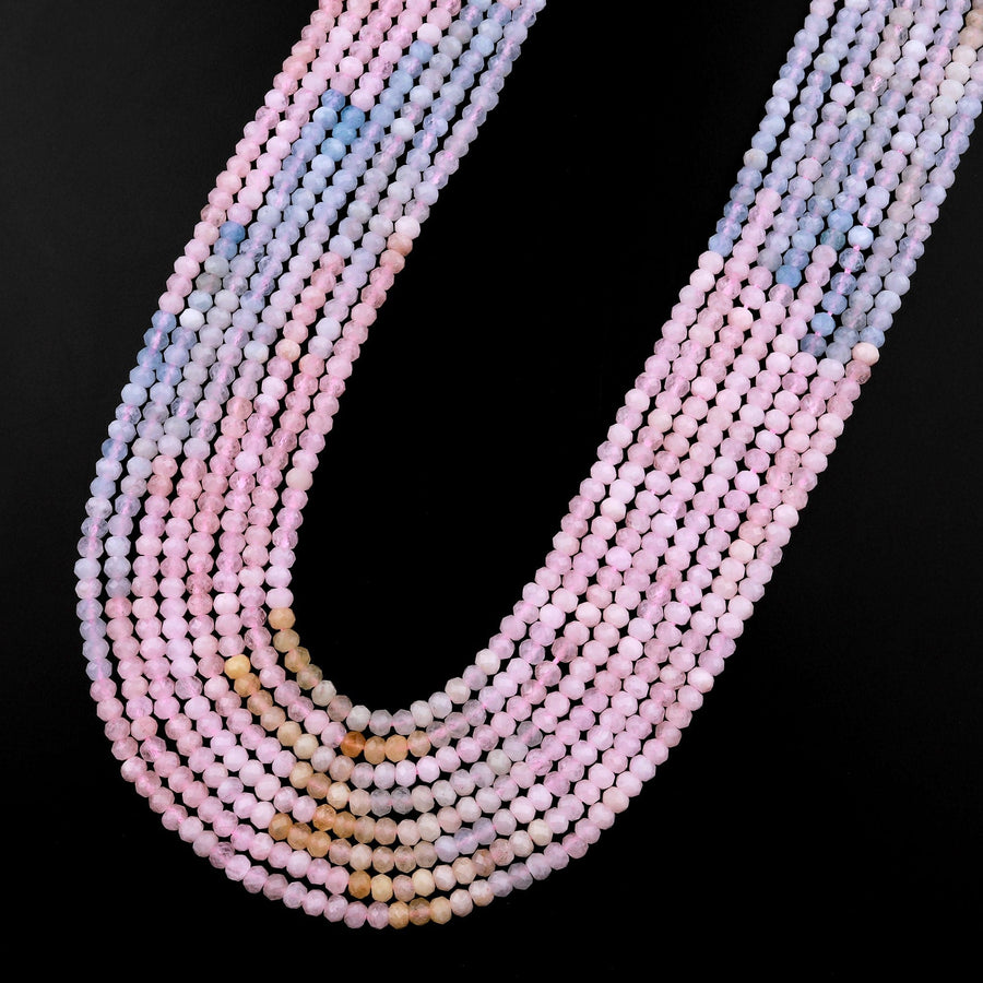 Micro Faceted Natural Multicolor Blue Aquamarine Pink Morganite 4mm Rondelle Beads 15.5" Strand