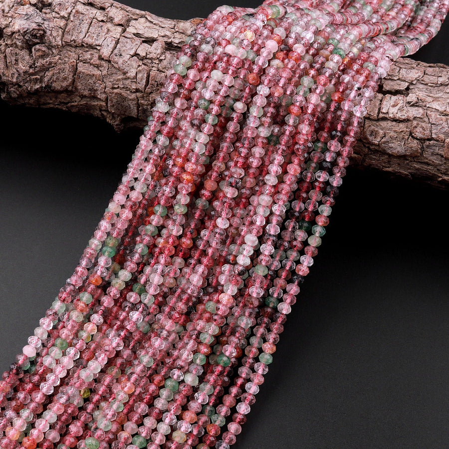 AAA Natural Strawberry Quartz Faceted 3mm 4mm Rondelle Beads Micro Laser Cut Pink Green Gemstone 15.5" Strand