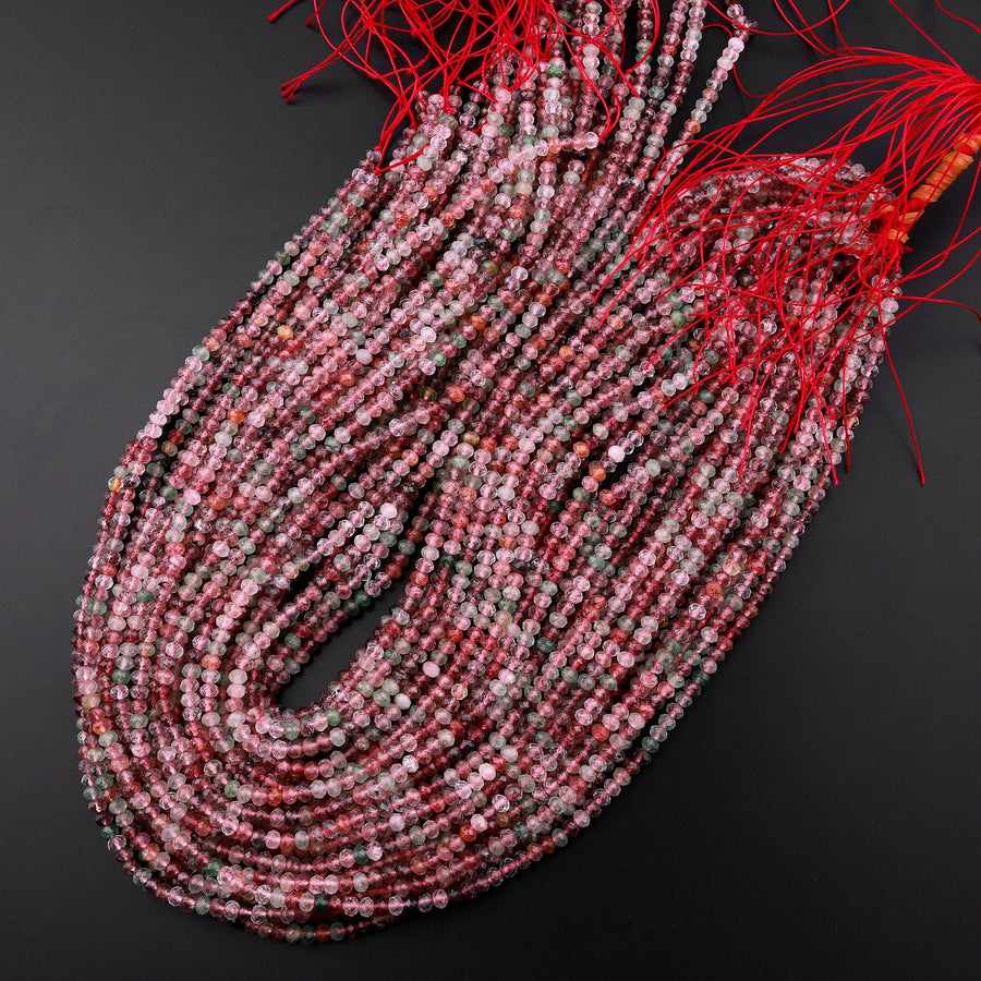 AAA Natural Strawberry Quartz Faceted 3mm 4mm Rondelle Beads Micro Laser Cut Pink Green Gemstone 15.5" Strand