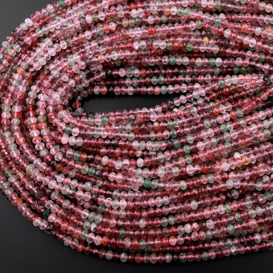 AAA Natural Strawberry Quartz Faceted 3mm 4mm Rondelle Beads Micro Laser Cut Pink Green Gemstone 15.5" Strand