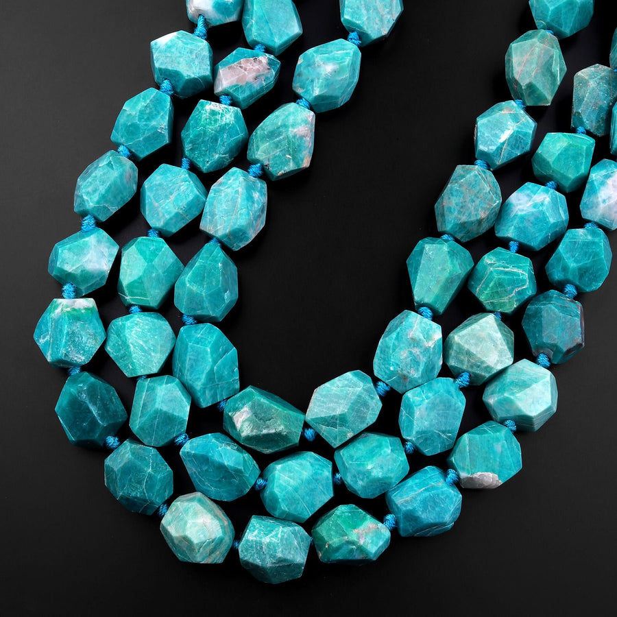 Natural Russian Amazonite Beads Chunky Large Faceted Freeform Nuggets 15.5" Strand