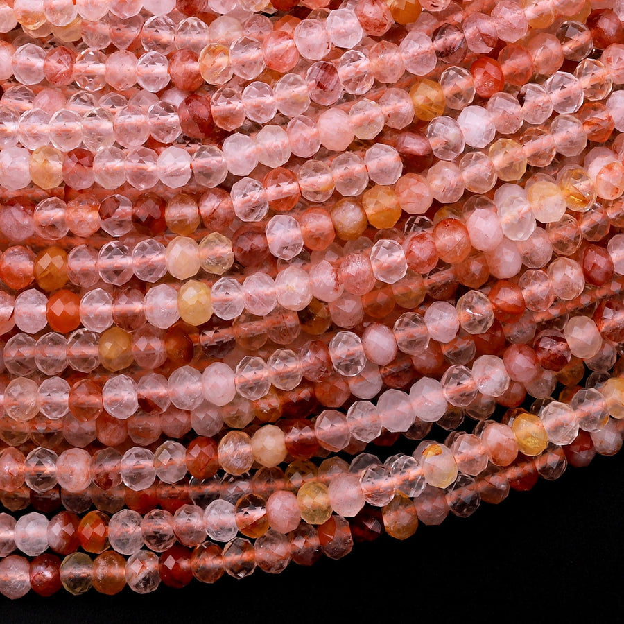 Micro Faceted Natural Red Phantom Rutile Lodalite Quartz Rondelle Beads 4mm 15.5" Strand