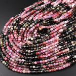 Natural Multicolor Green Pink Tourmaline Faceted 4mm Cube Beads Gemstone 15.5" Strand