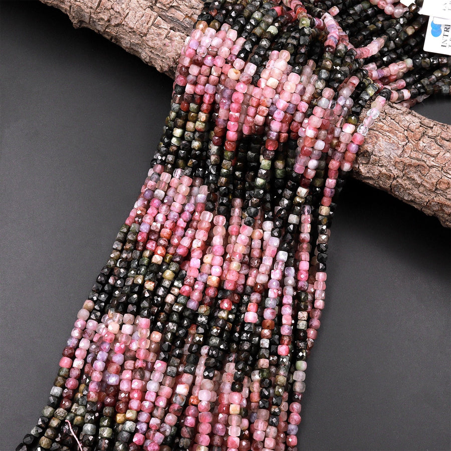 Natural Multicolor Green Pink Tourmaline Faceted 4mm Cube Beads Gemstone 15.5" Strand