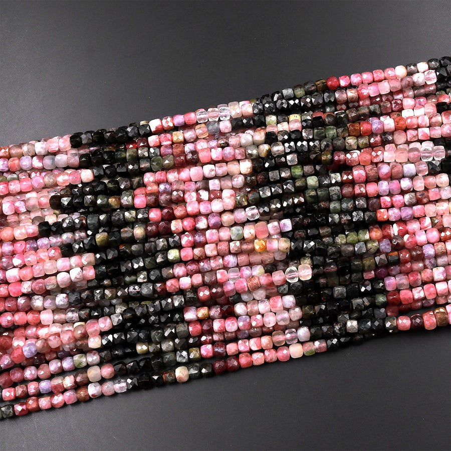 Natural Multicolor Green Pink Tourmaline Faceted 4mm Cube Beads Gemstone 15.5" Strand
