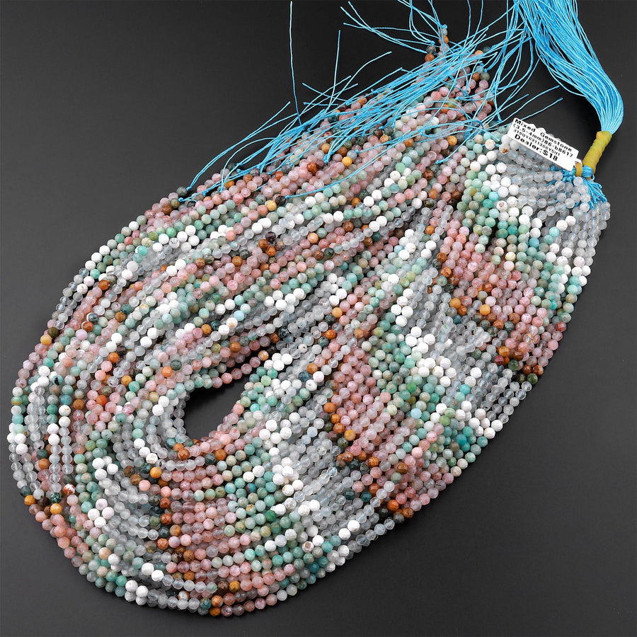 Micro Faceted Multicolor Mixed Gemstone Round Beads 3mm 4mm Amazonite Sunstone Aquamarine 15.5" Strand