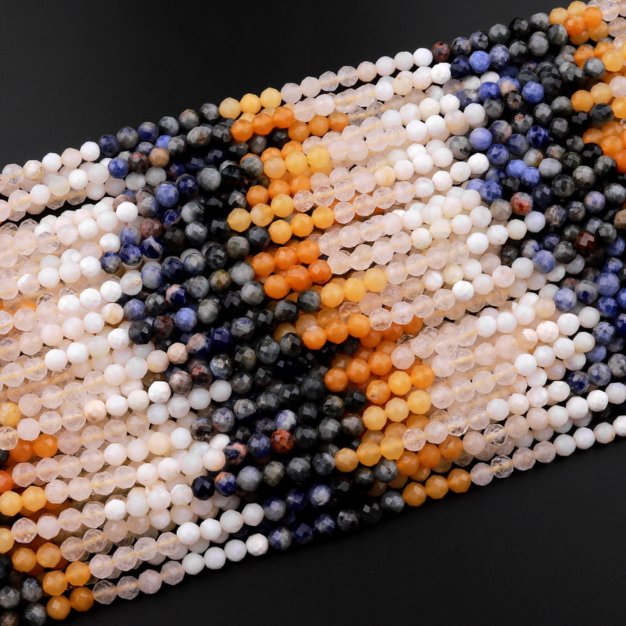 Micro Faceted Multicolor Mixed Gemstone Round Beads 4mm Gradient Yellow Creamy White Blue Shades 15.5" Strand