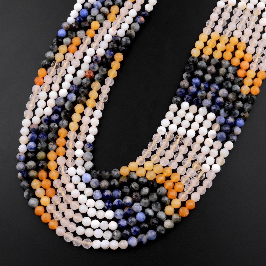 Micro Faceted Multicolor Mixed Gemstone Round Beads 4mm Gradient Yellow Creamy White Blue Shades 15.5" Strand