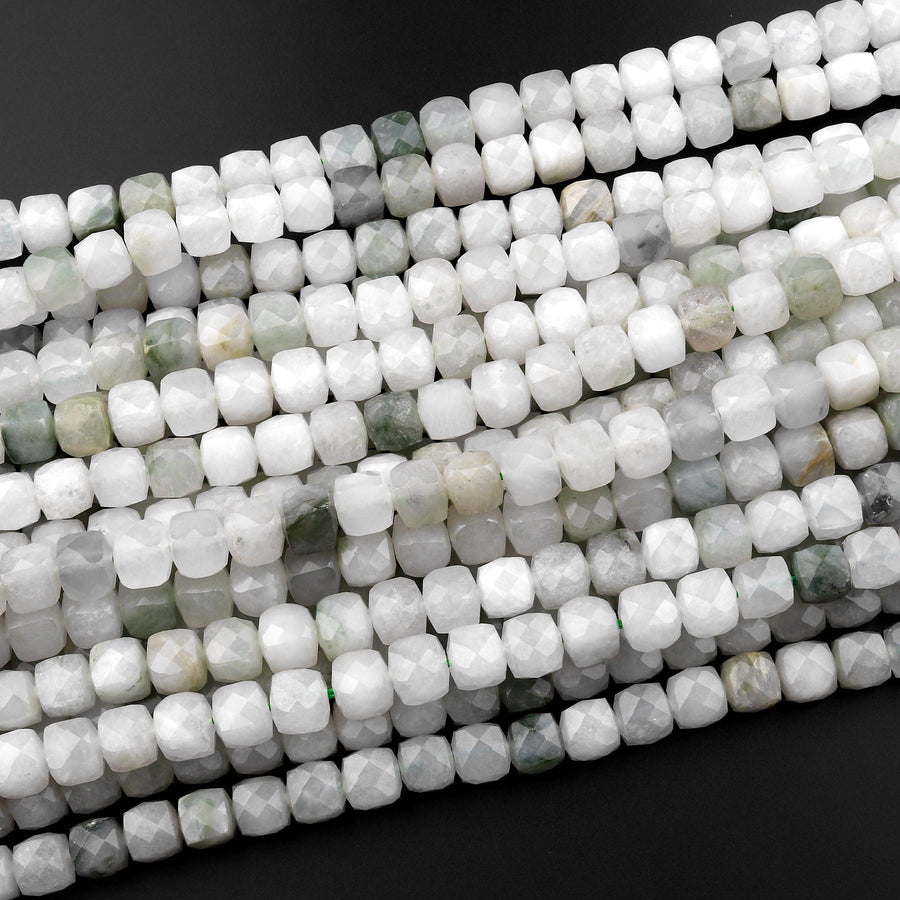 Faceted Natural Ice Mountain Jade 7mm 8mm Cube Beads 15.5" Strand