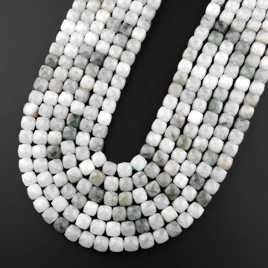 Faceted Natural Ice Mountain Jade 7mm 8mm Cube Beads 15.5" Strand