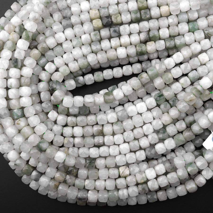 Faceted Natural Ice Mountain Jade 7mm 8mm Cube Beads 15.5" Strand