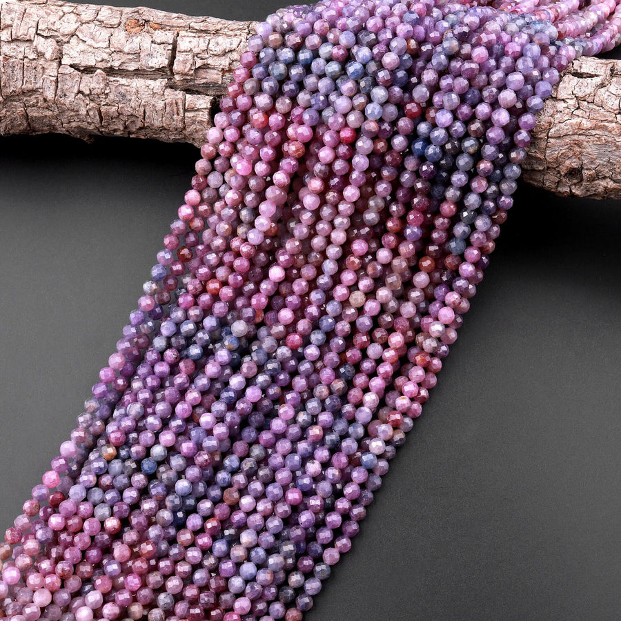 Genuine Natural Blue Pink Ruby Gemstone Micro Faceted 3mm 4mm 5mm Round Beads 15.5" Strand